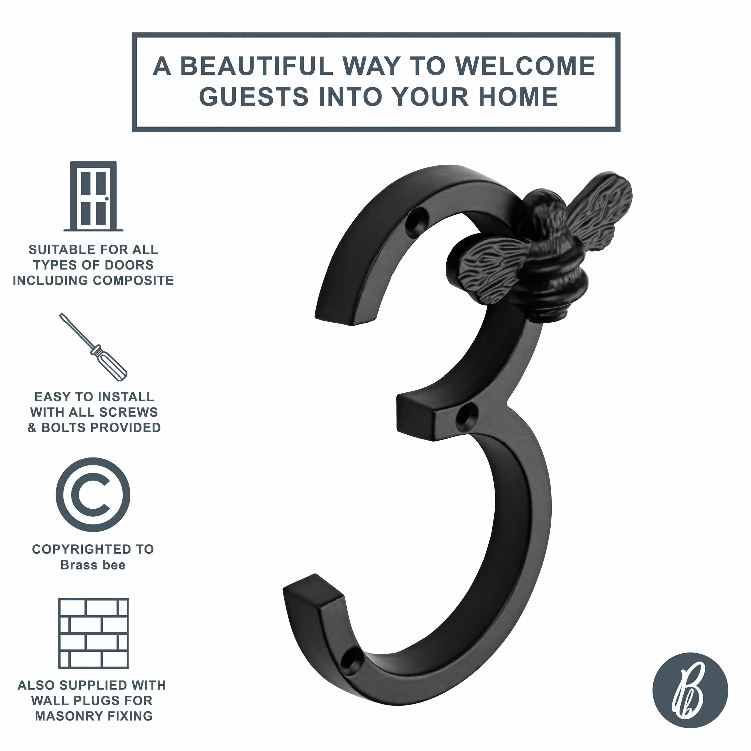Brass Bee Premium House Numbers with Bee – Black Finish (0–9) | 5 Inch - Image 8