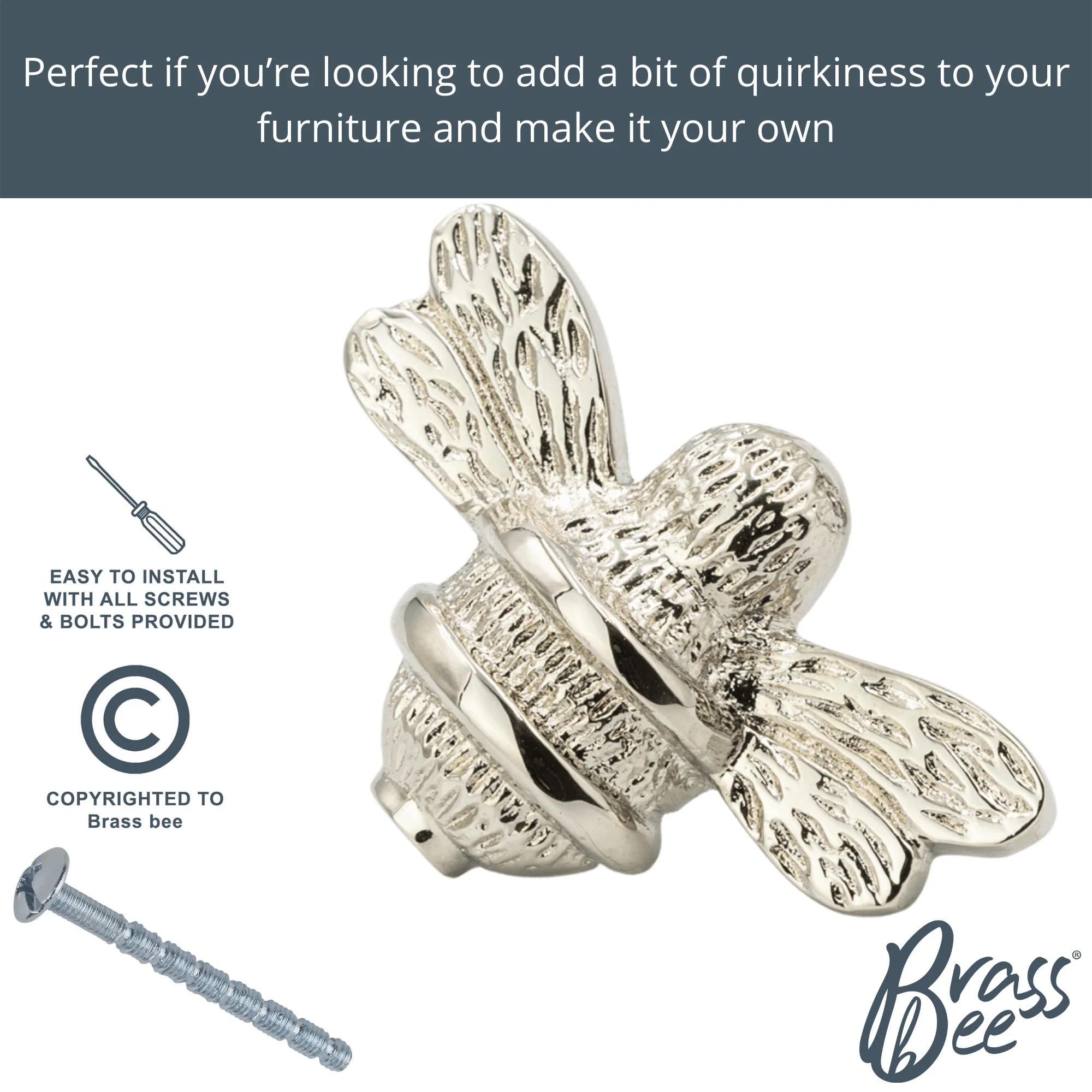 Brass Bee Drawer Cabinet Knob - Nickel Finish - Image 3