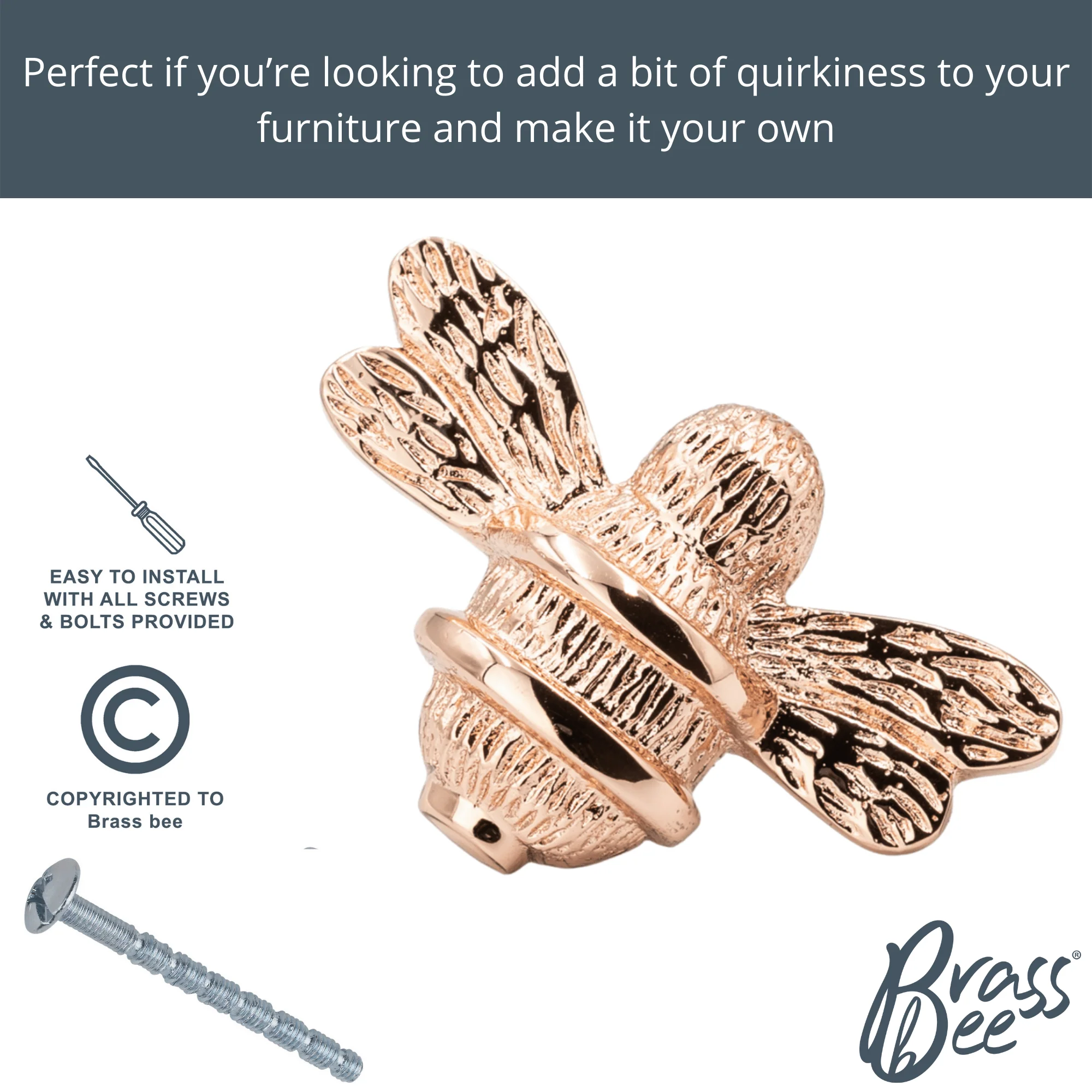 Brass Bee Drawer Cabinet Knob - Rose Gold Finish - Image 3