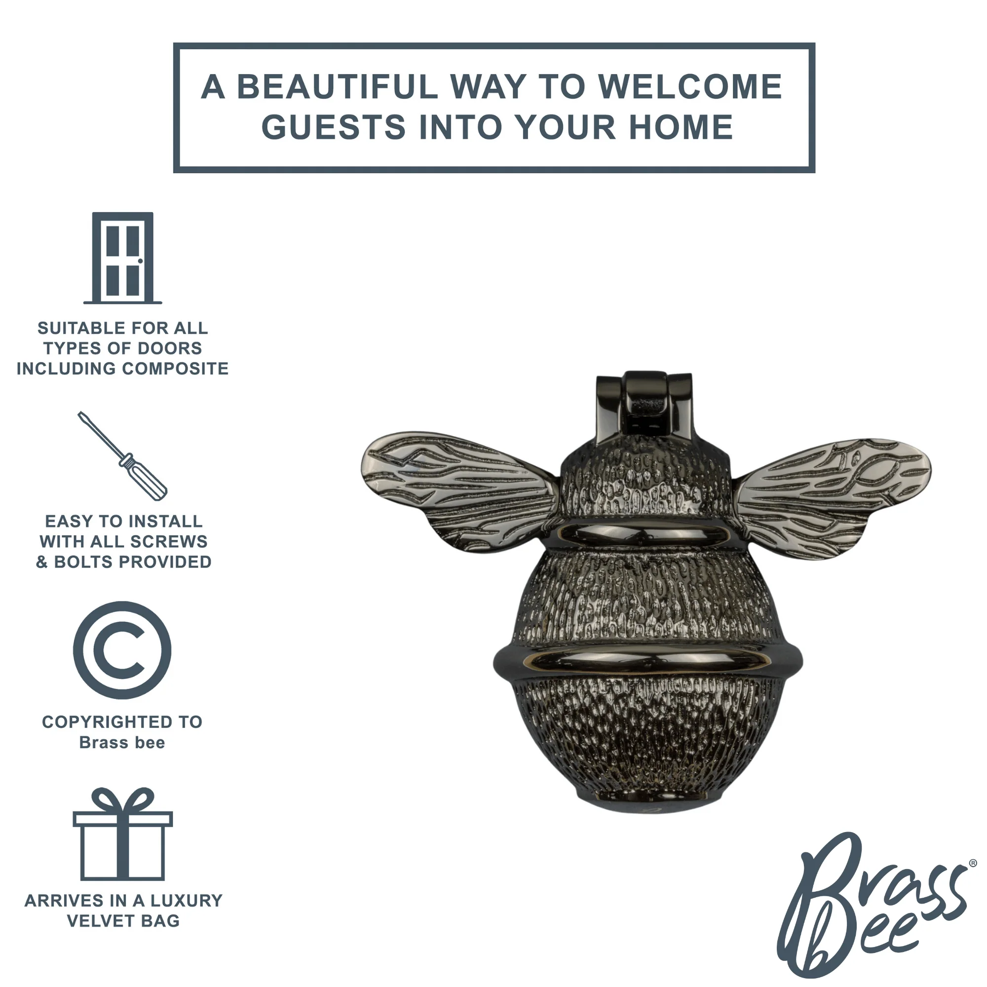 Brass Bumble Bee Door Knocker – Black Nickel Finish - Image 2