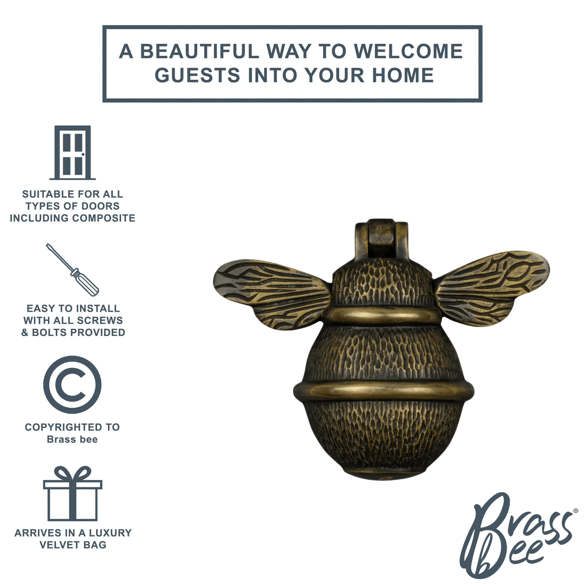 Brass Bumble Bee Door Knocker - Heritage Finish - Image 2