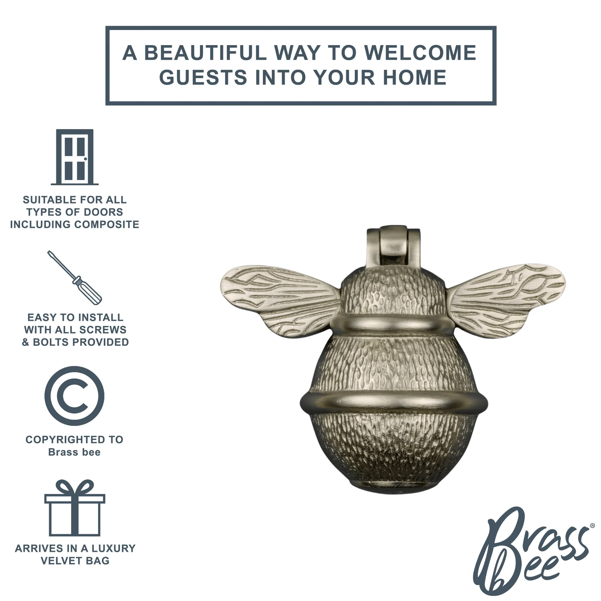 Brass Bumble Bee Door Knocker - Satin Finish - Image 3