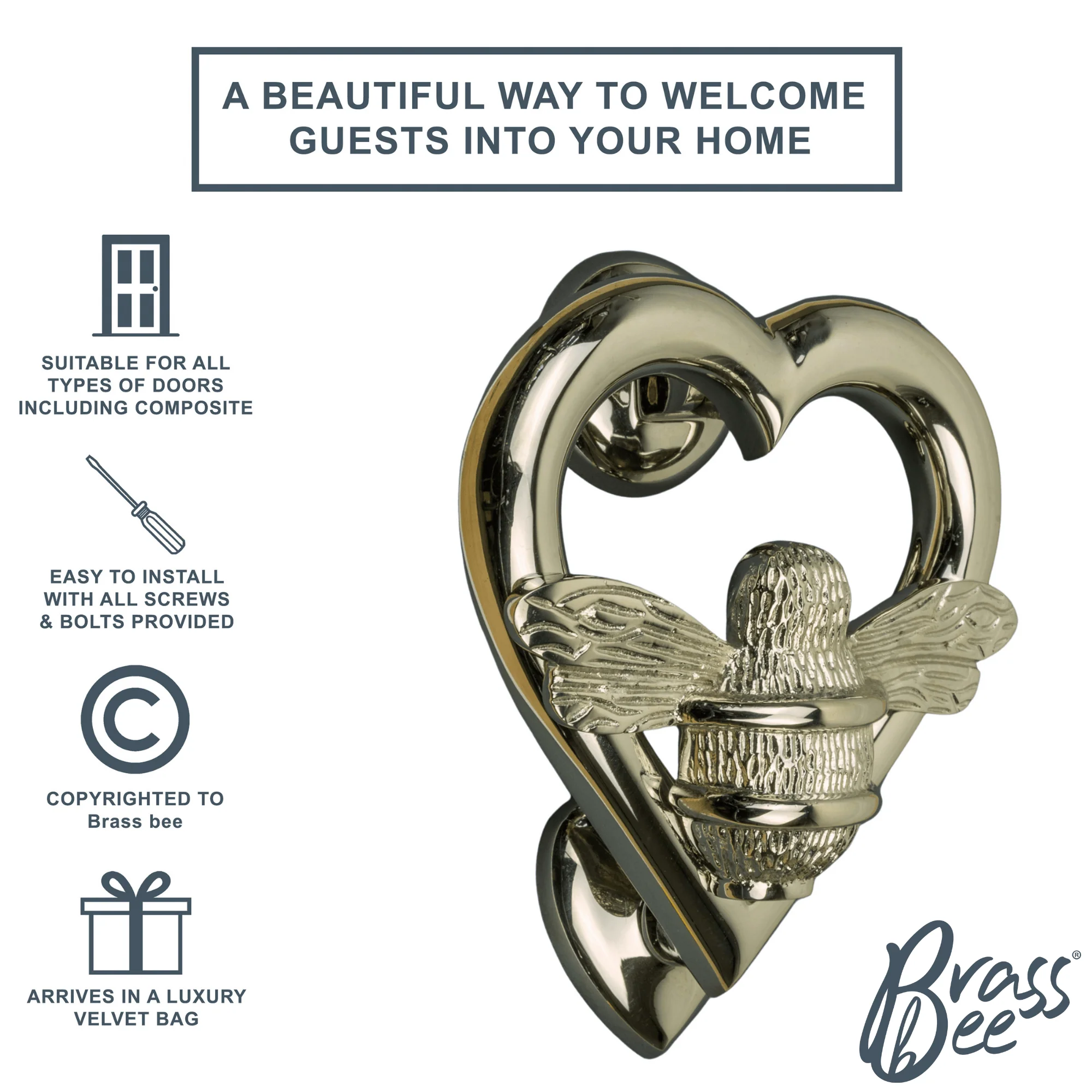 Brass Bumble Bee Heart Door Knocker - Nickel Finish - Image 2