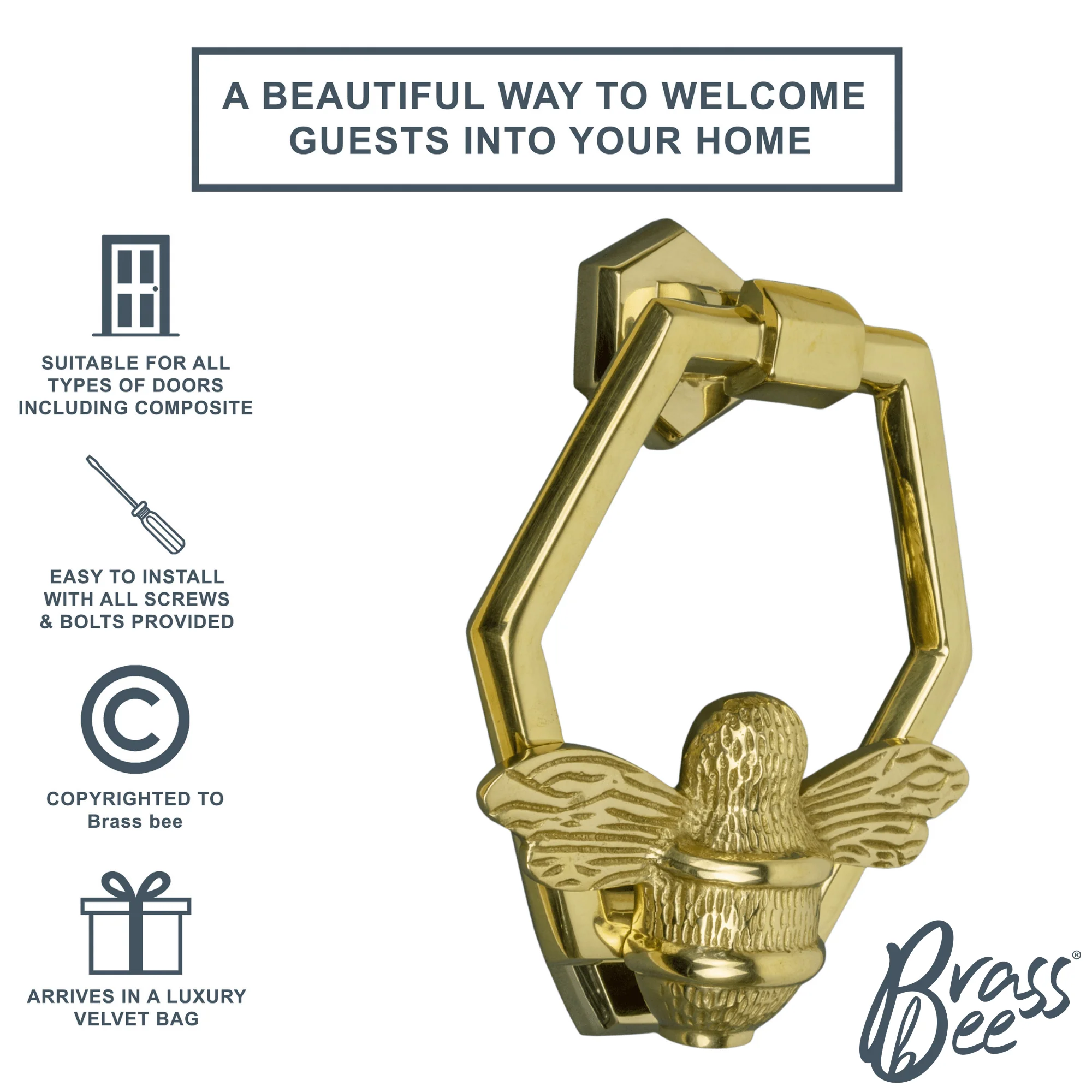 Brass Bumble Bee Honeycomb Door Knocker - Brass Finish - Image 3
