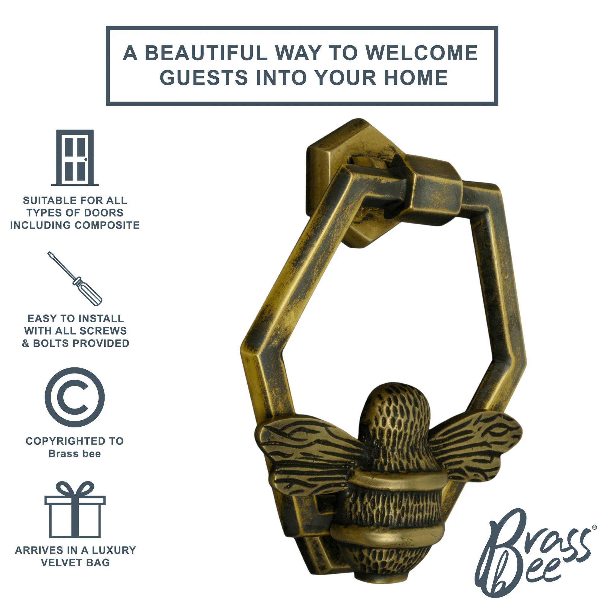 Brass Bumble Bee Honeycomb Door Knocker - Heritage Finish - Image 3