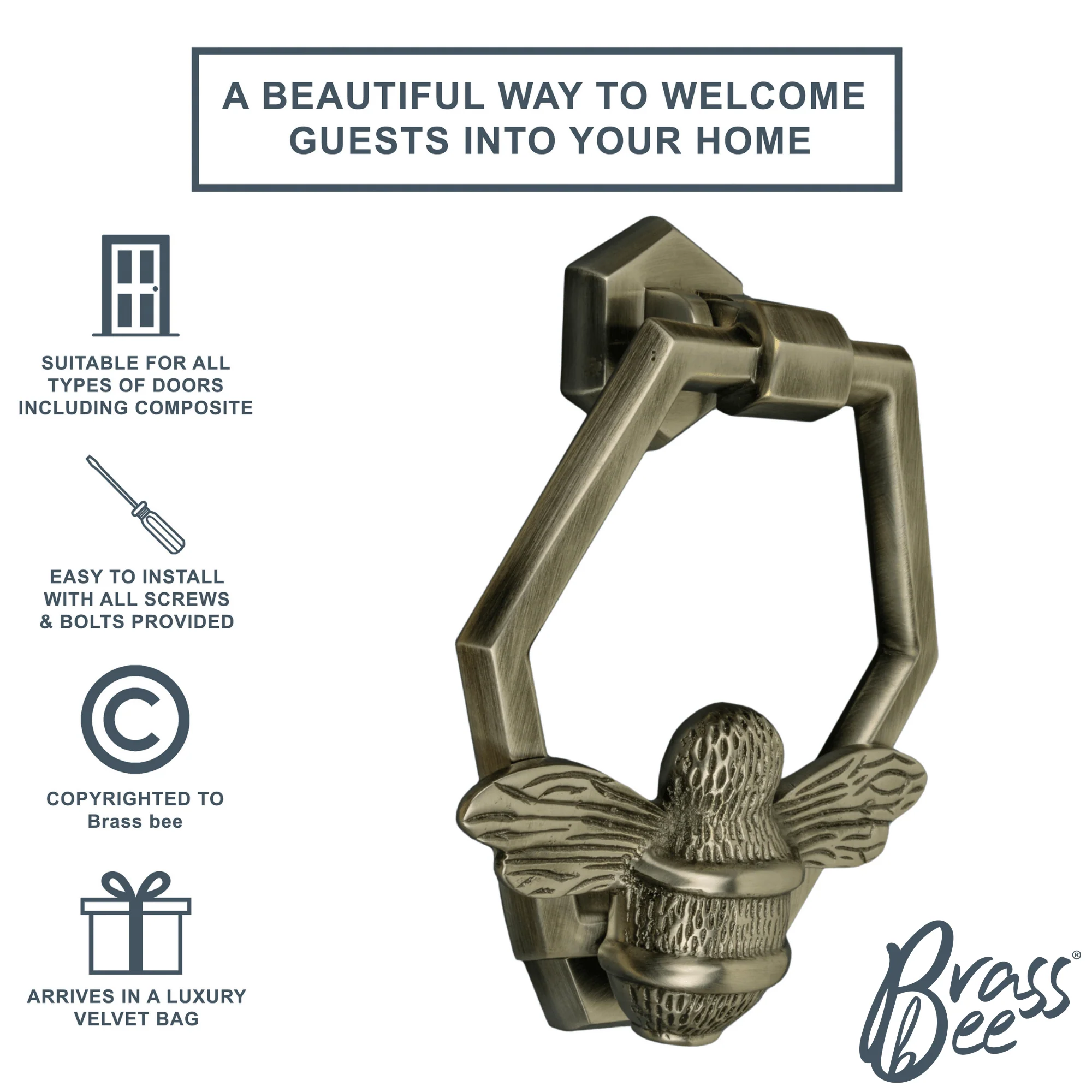 Brass Bumble Bee Honeycomb Door Knocker - Pewter Finish - Image 3