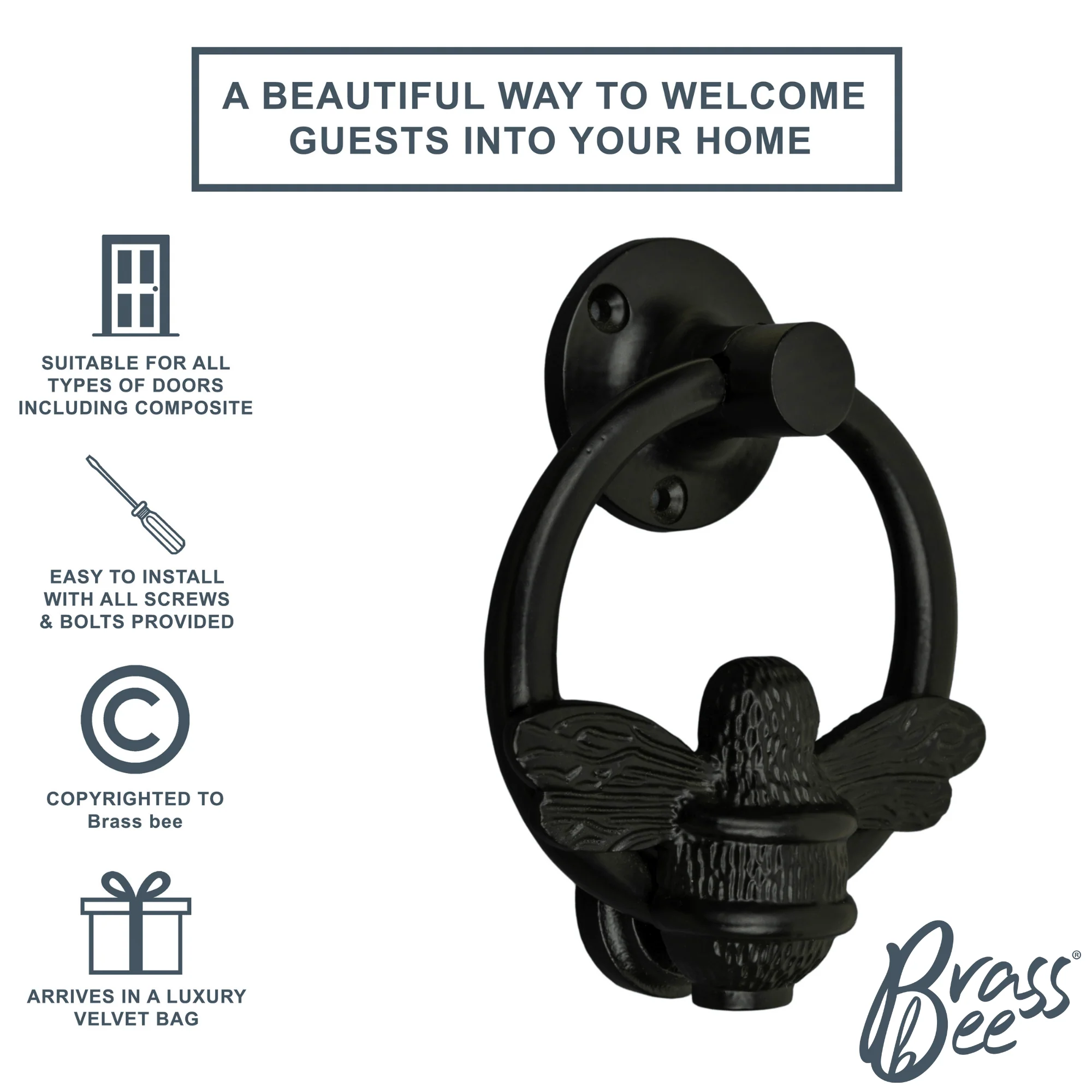 Brass Bumble Bee Ring Door Knocker - Black Finish - Image 2