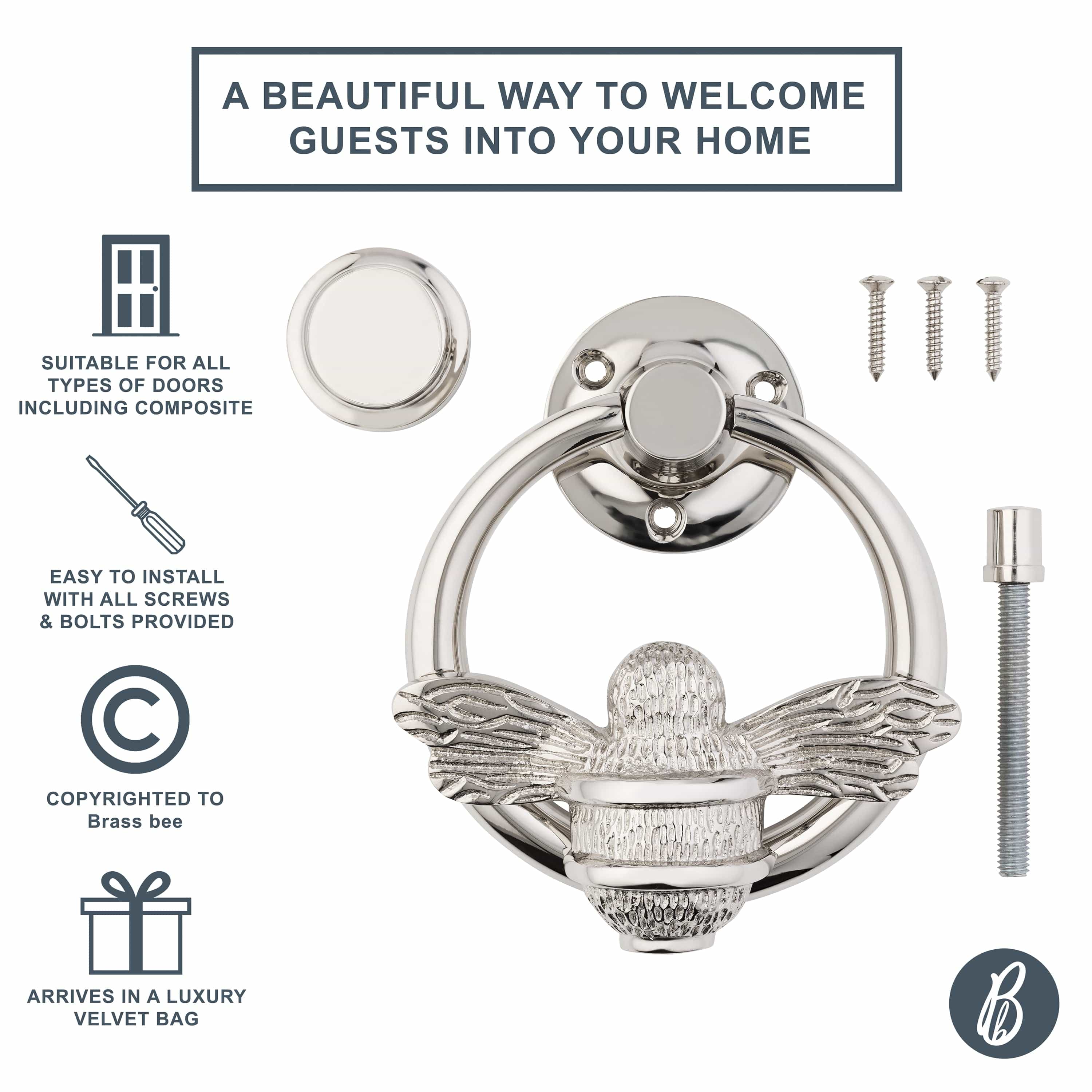 Brass Bumble Bee Ring Door Knocker - Nickel Finish - Image 11