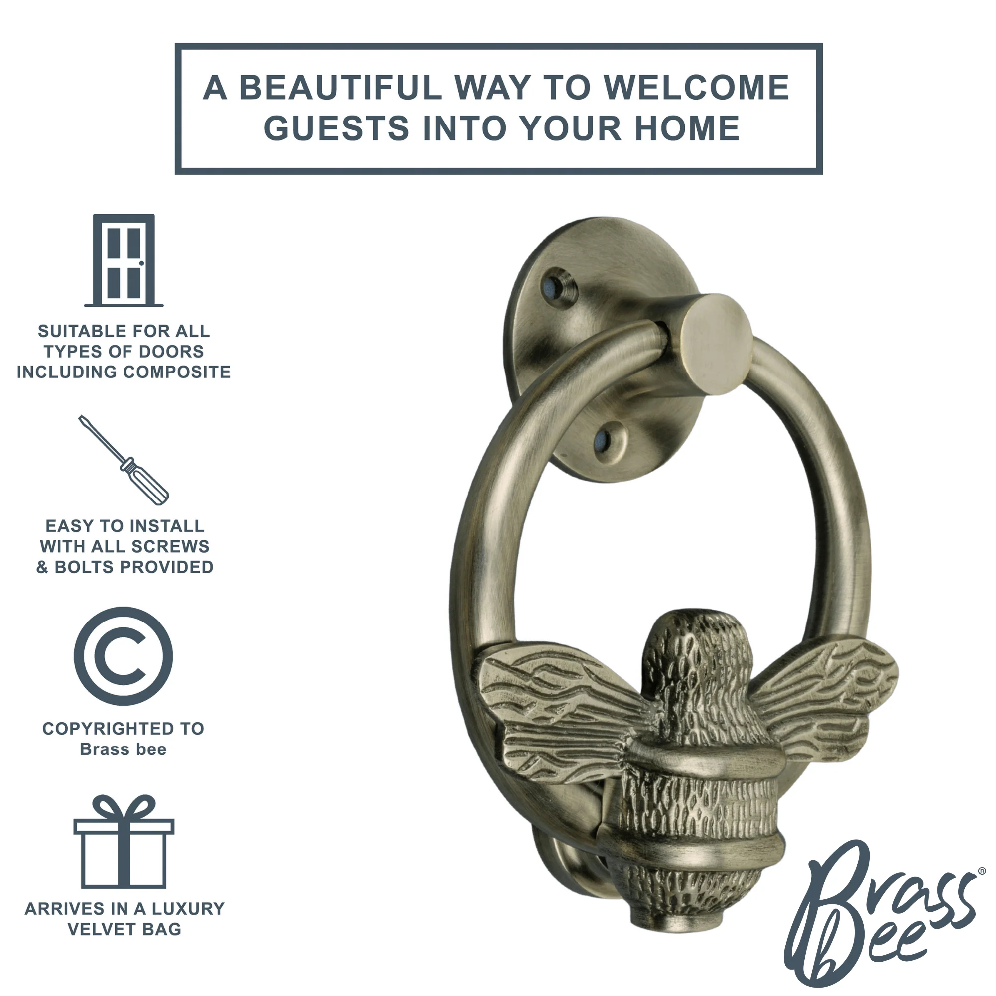 Brass Bumble Bee Ring Door Knocker - Pewter Finish - Image 2
