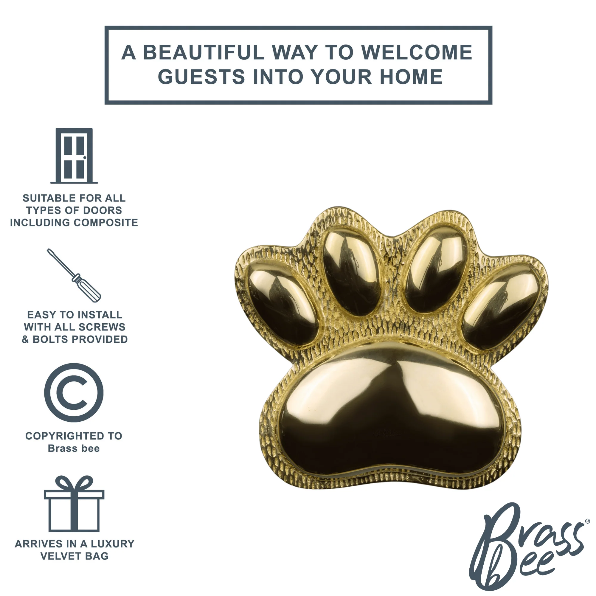 Brass Dog/Cat PAW Door Knocker - Brass Finish - Image 2