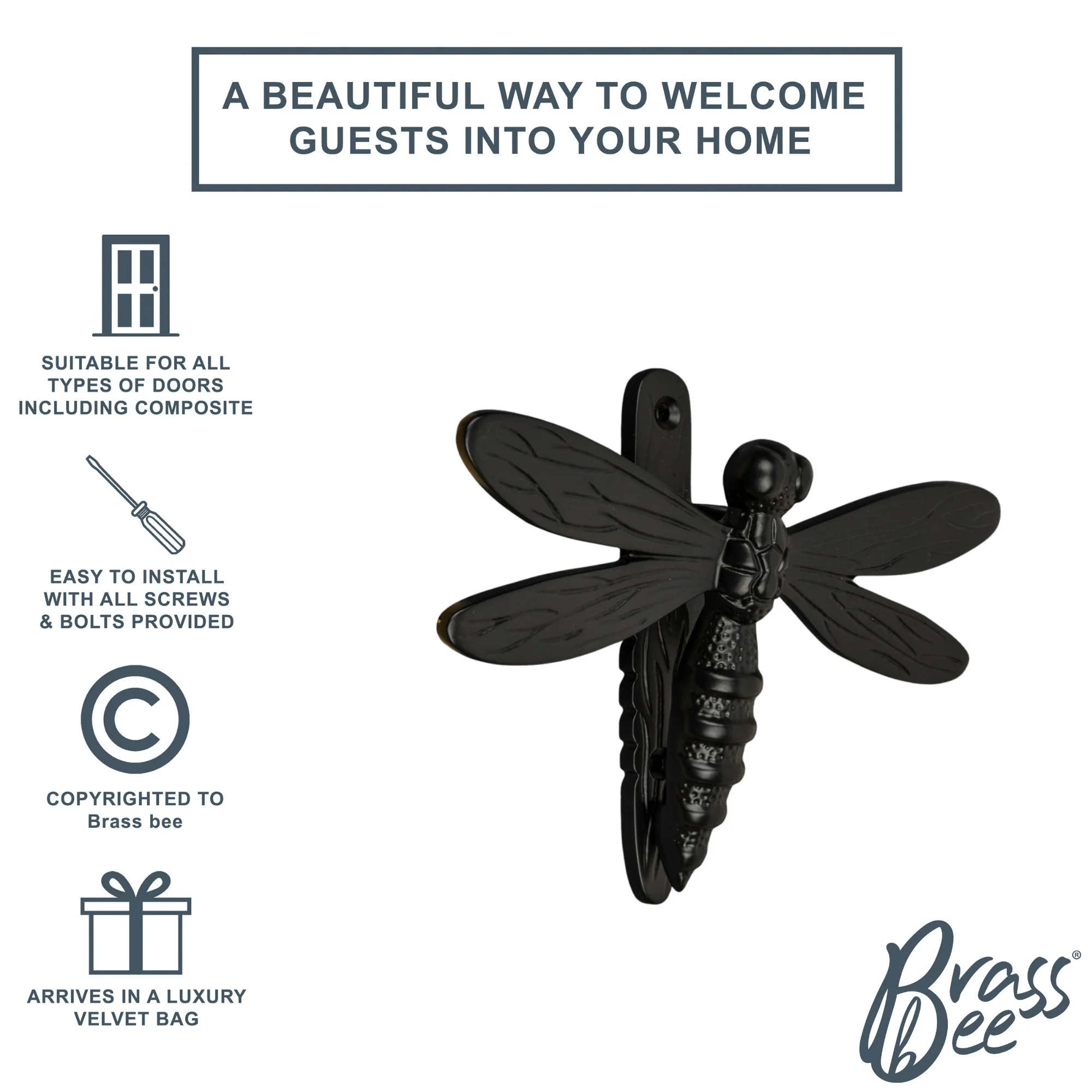 Brass Dragonfly Door Knocker - Black Finish - Image 3
