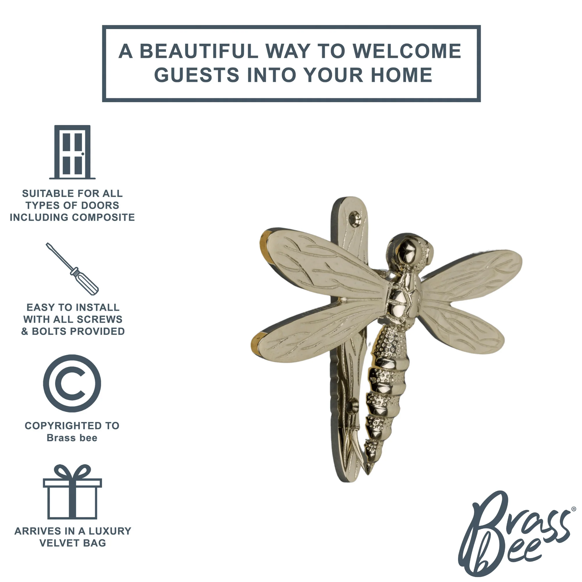 Brass Dragonfly Door Knocker - Nickel Finish - Image 4
