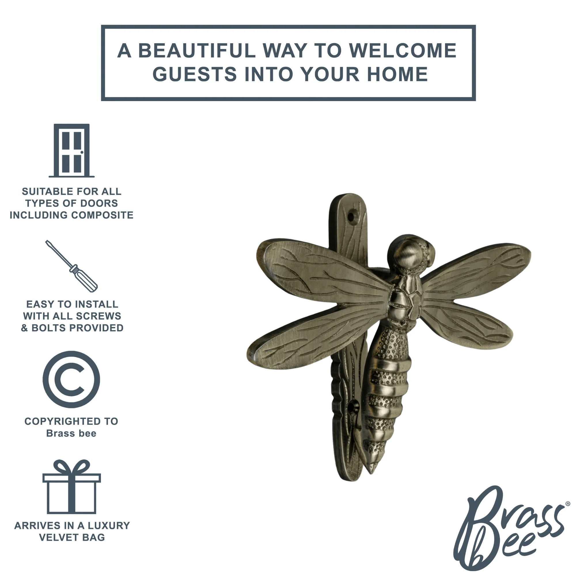 Brass Dragonfly Door Knocker - Pewter Finish - Image 4