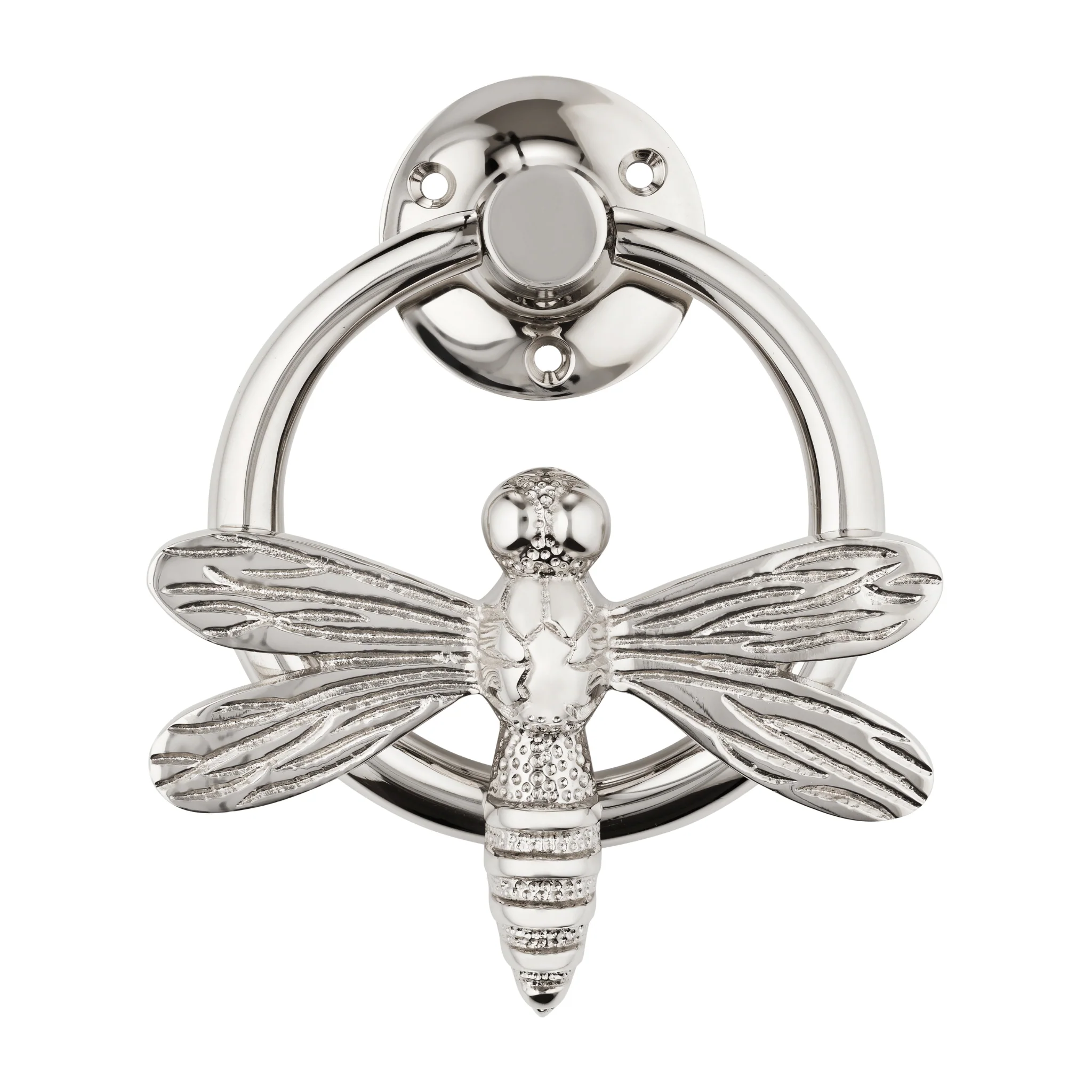 Brass Dragonfly Door Knocker with Ring - Nickel Finish