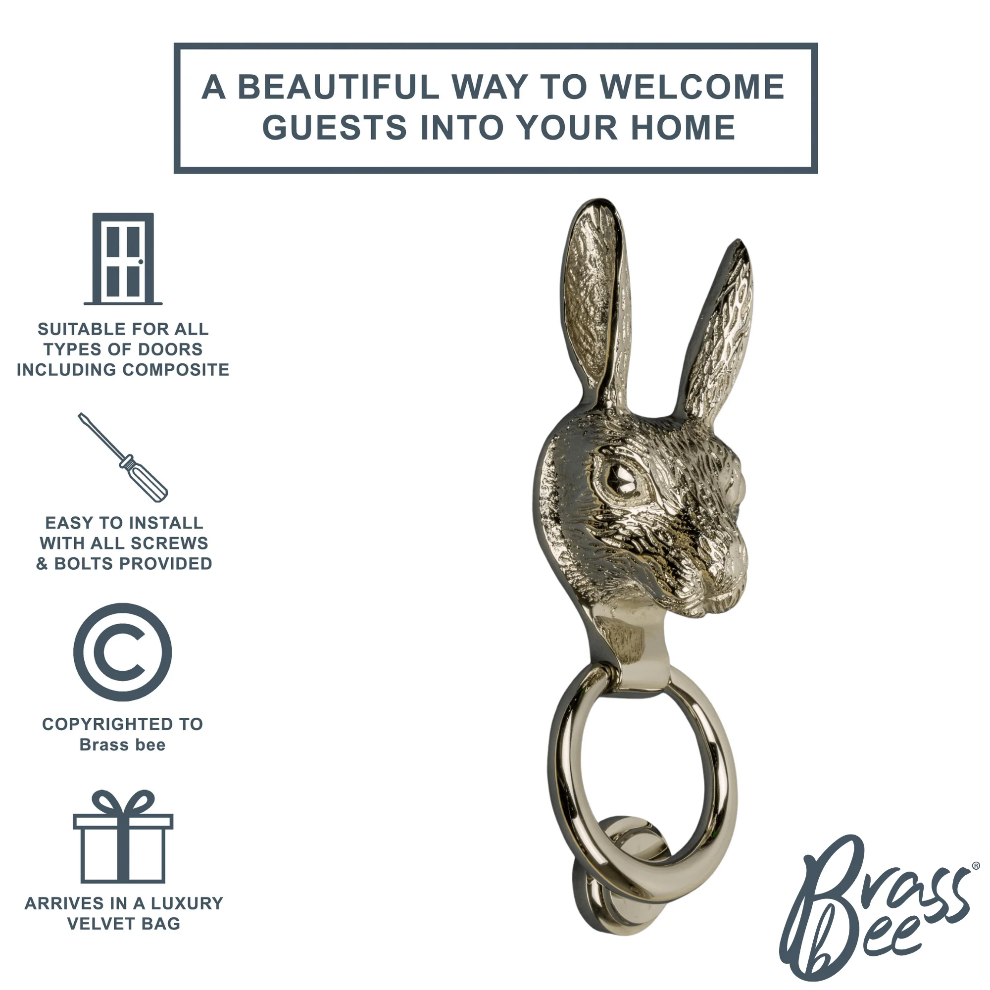 Brass Hare Door Knocker - Nickel Finish - Image 3