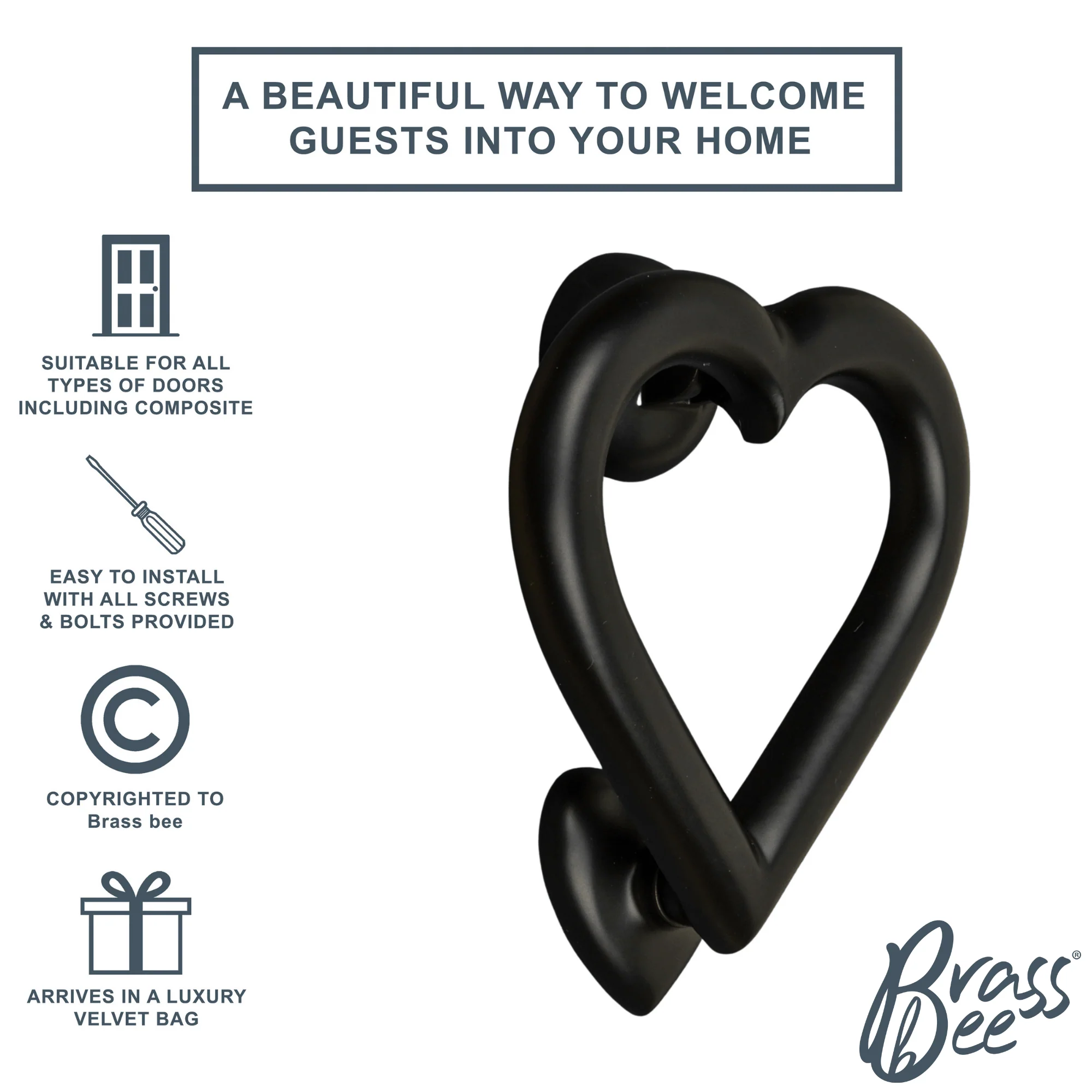 Brass bee Love Heart Door Knocker - Black Finish - Image 3