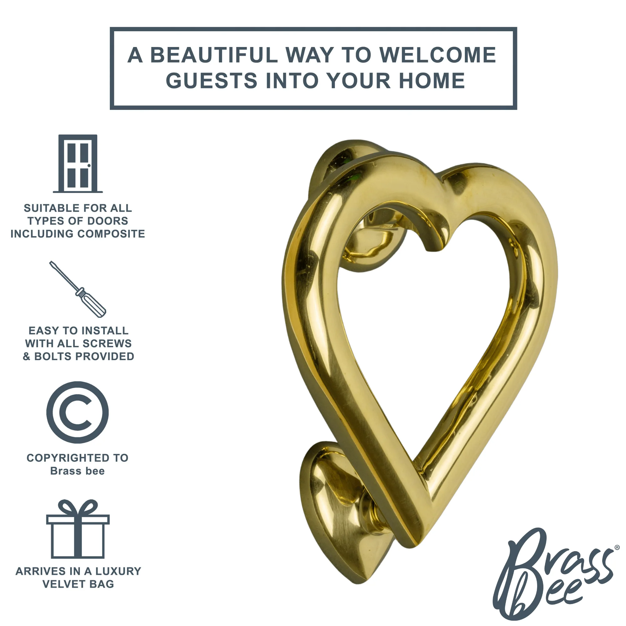 Brass Love Heart Door Knocker - Brass Finish - Image 3