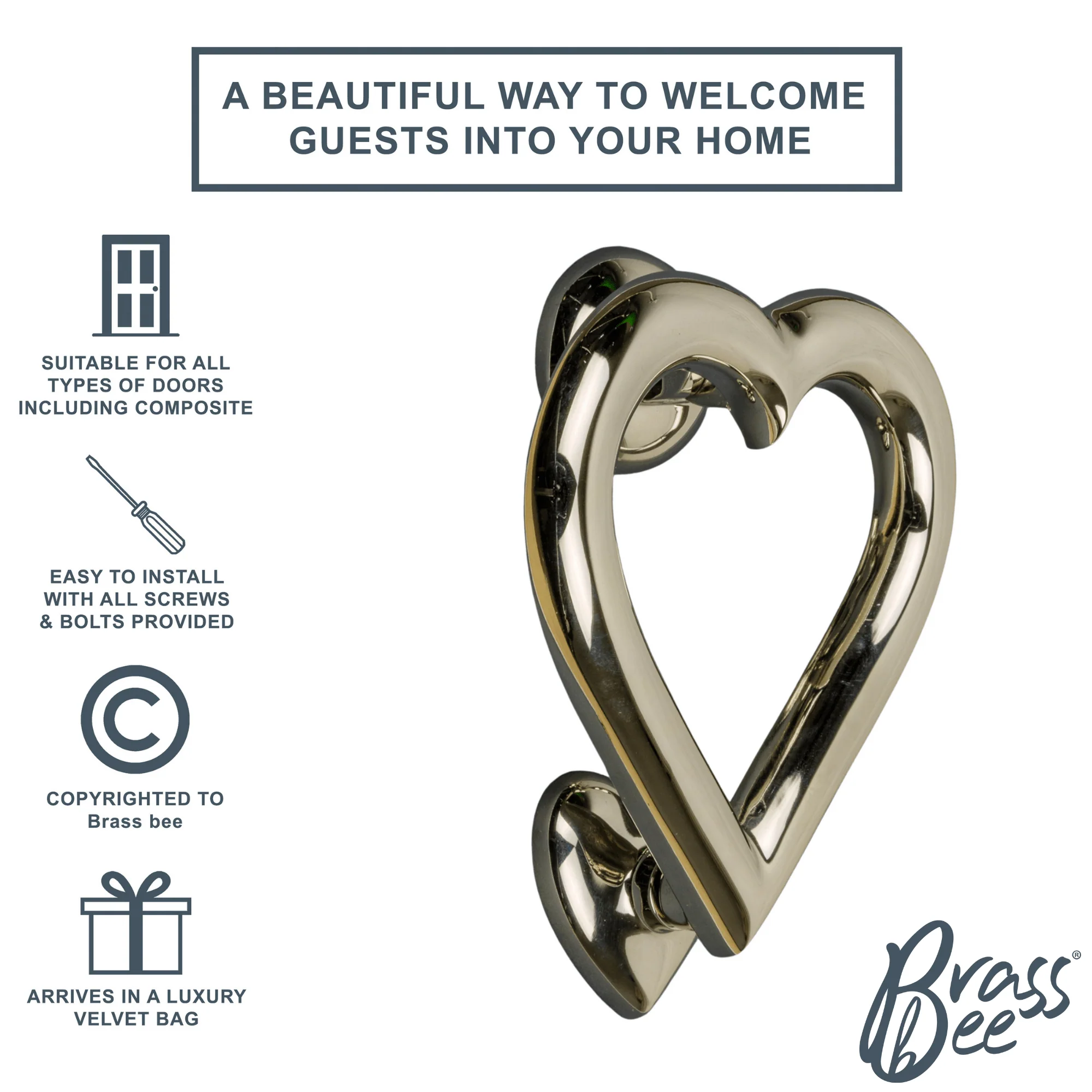 Brass Love Heart Door Knocker - Nickel Finish - Image 4