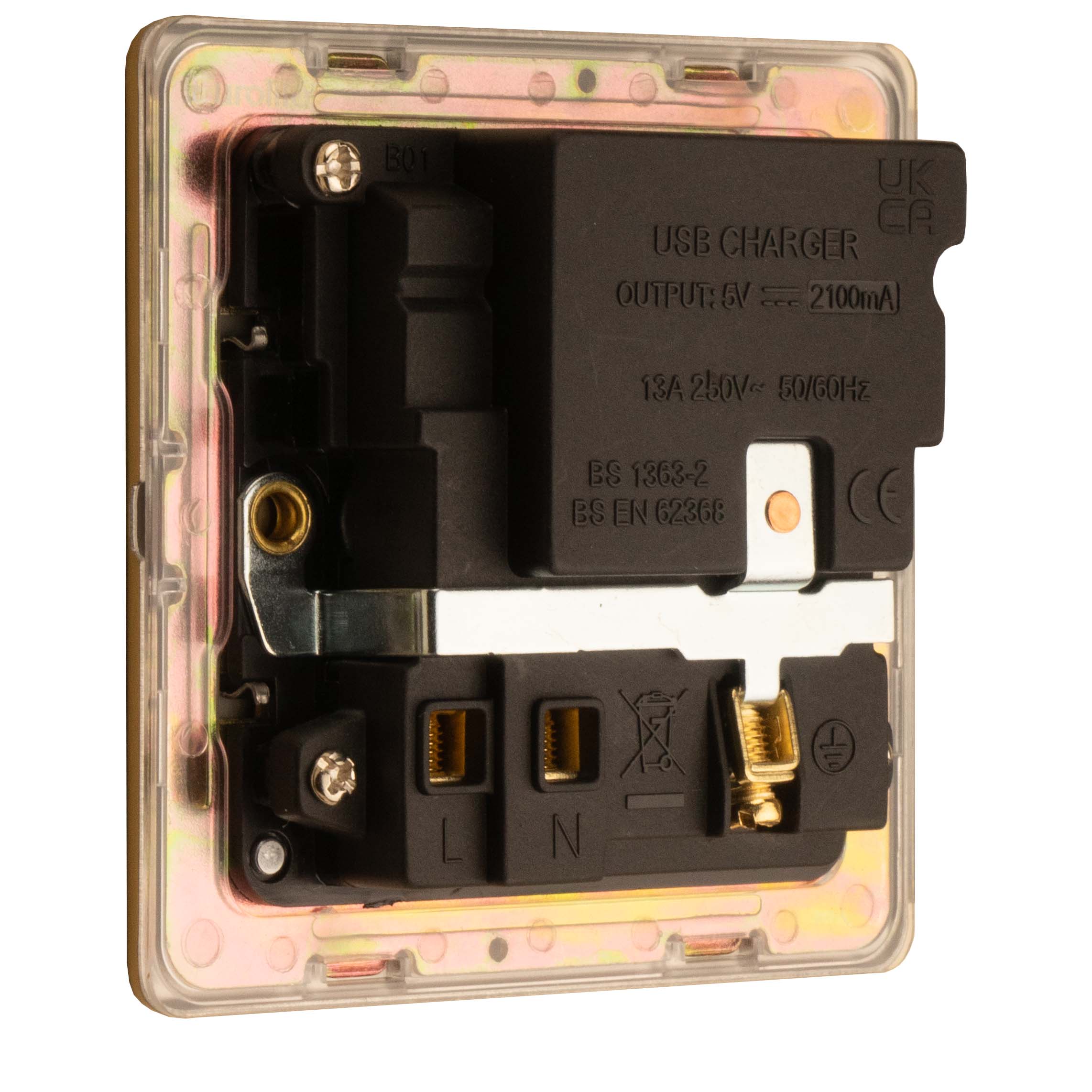 Concealed 3mm 1 Gang Switched Socket With Usb - Satin Brass - Image 5