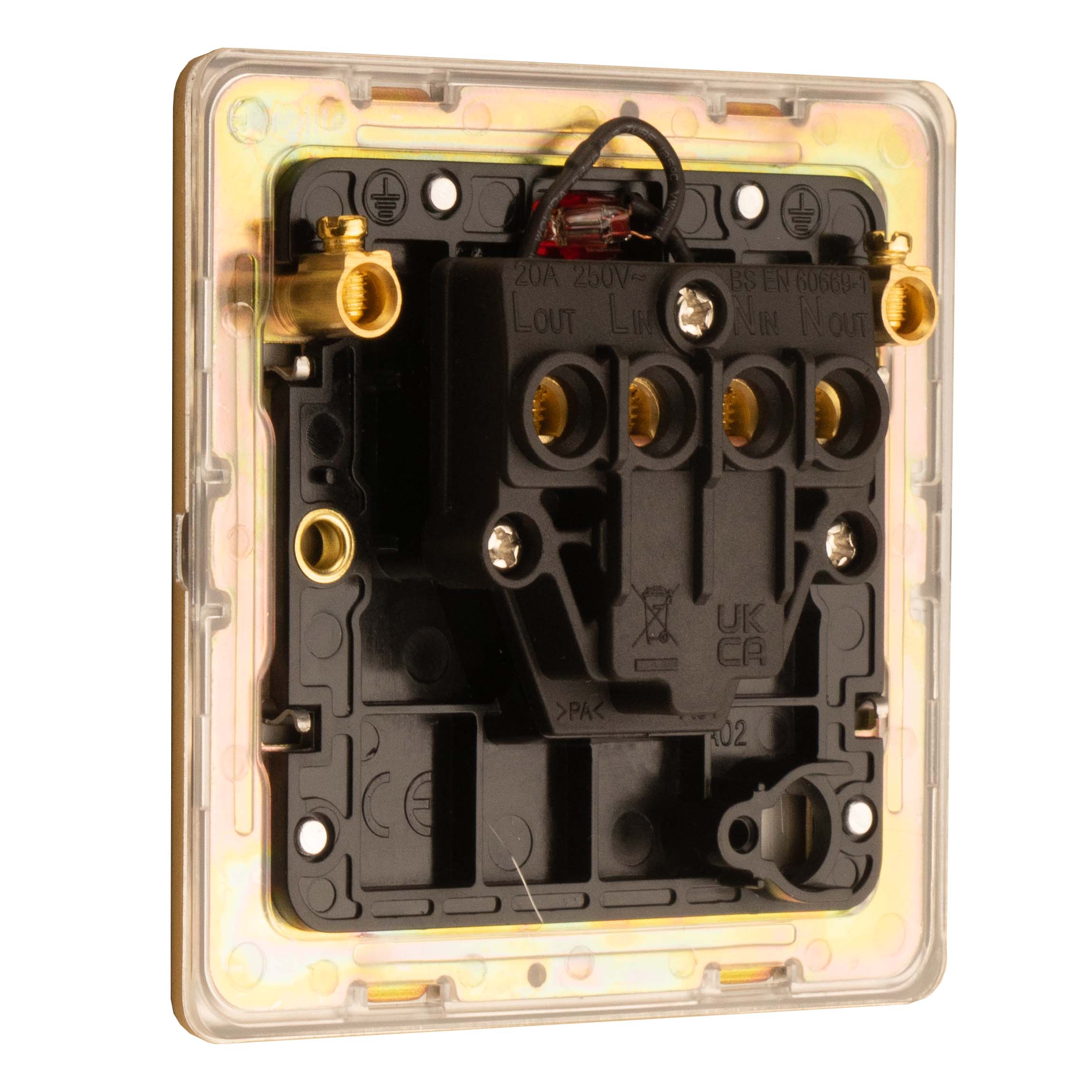 Concealed 3mm 1 Gang 20Amp Switched Socket With Neon Indicator - Satin Brass - Image 5