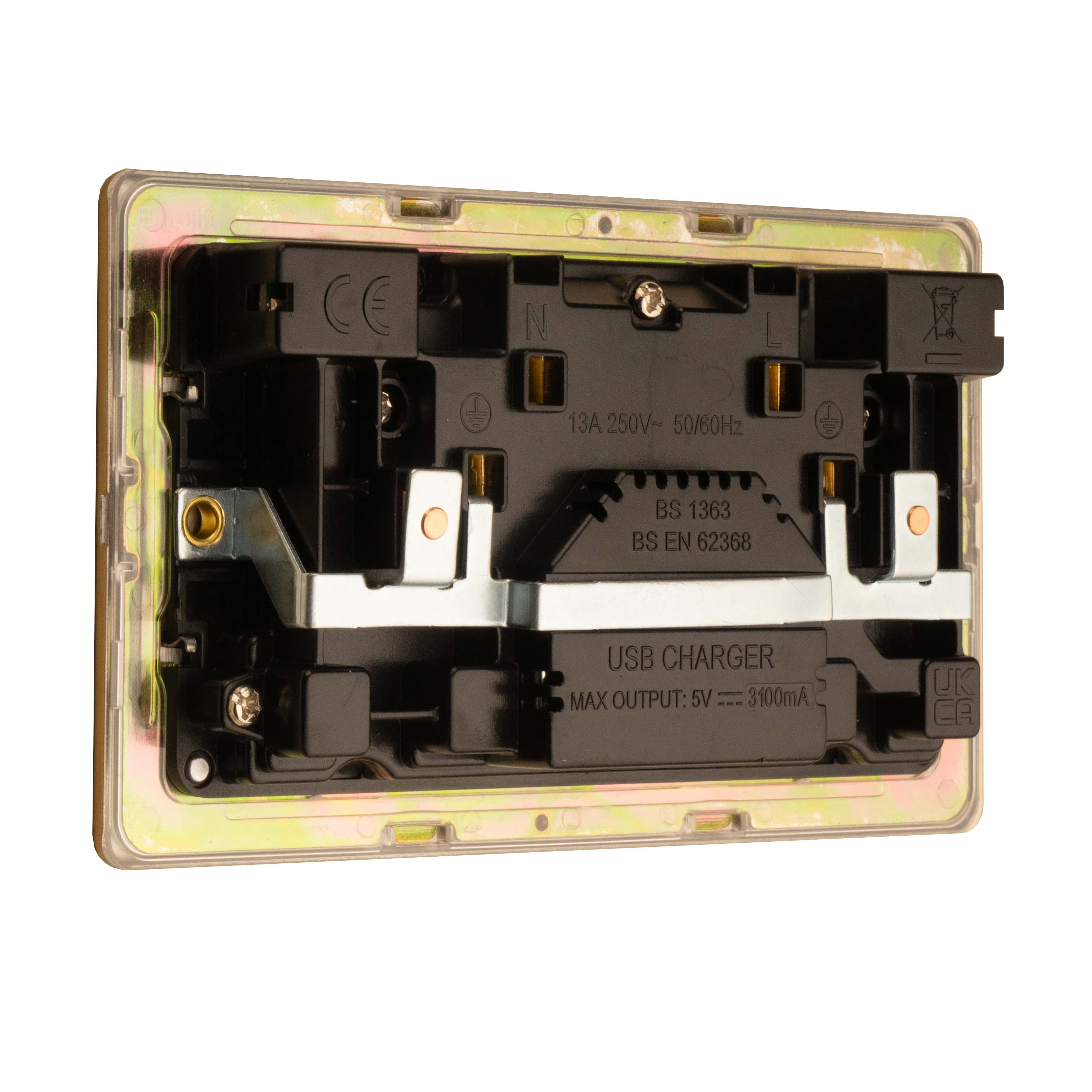 Concealed 3mm 2 Gang 13Amp Switched Socket With Usb - Satin Brass - Image 5