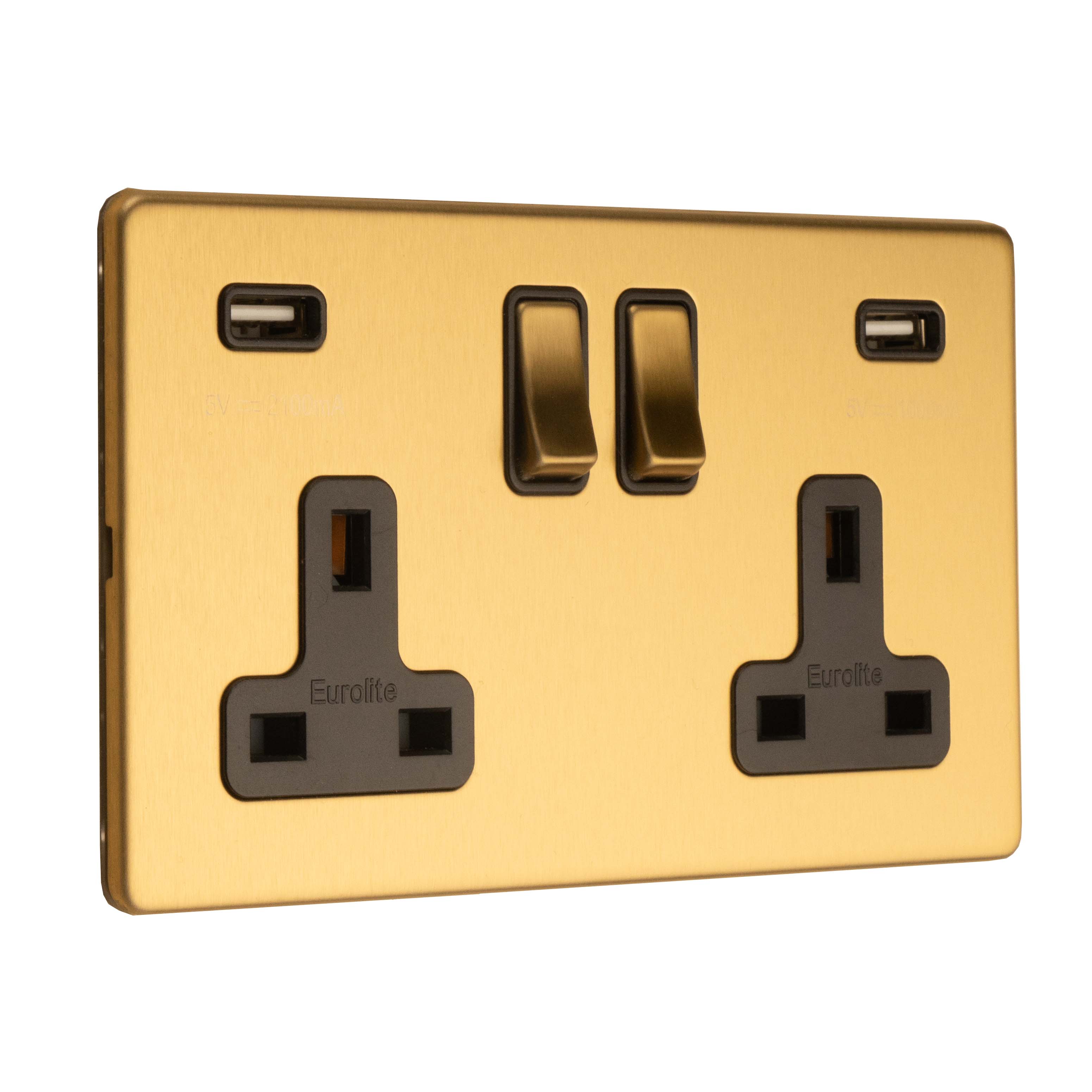 Concealed 3mm 2 Gang 13Amp Switched Socket With Usb - Satin Brass - Image 6