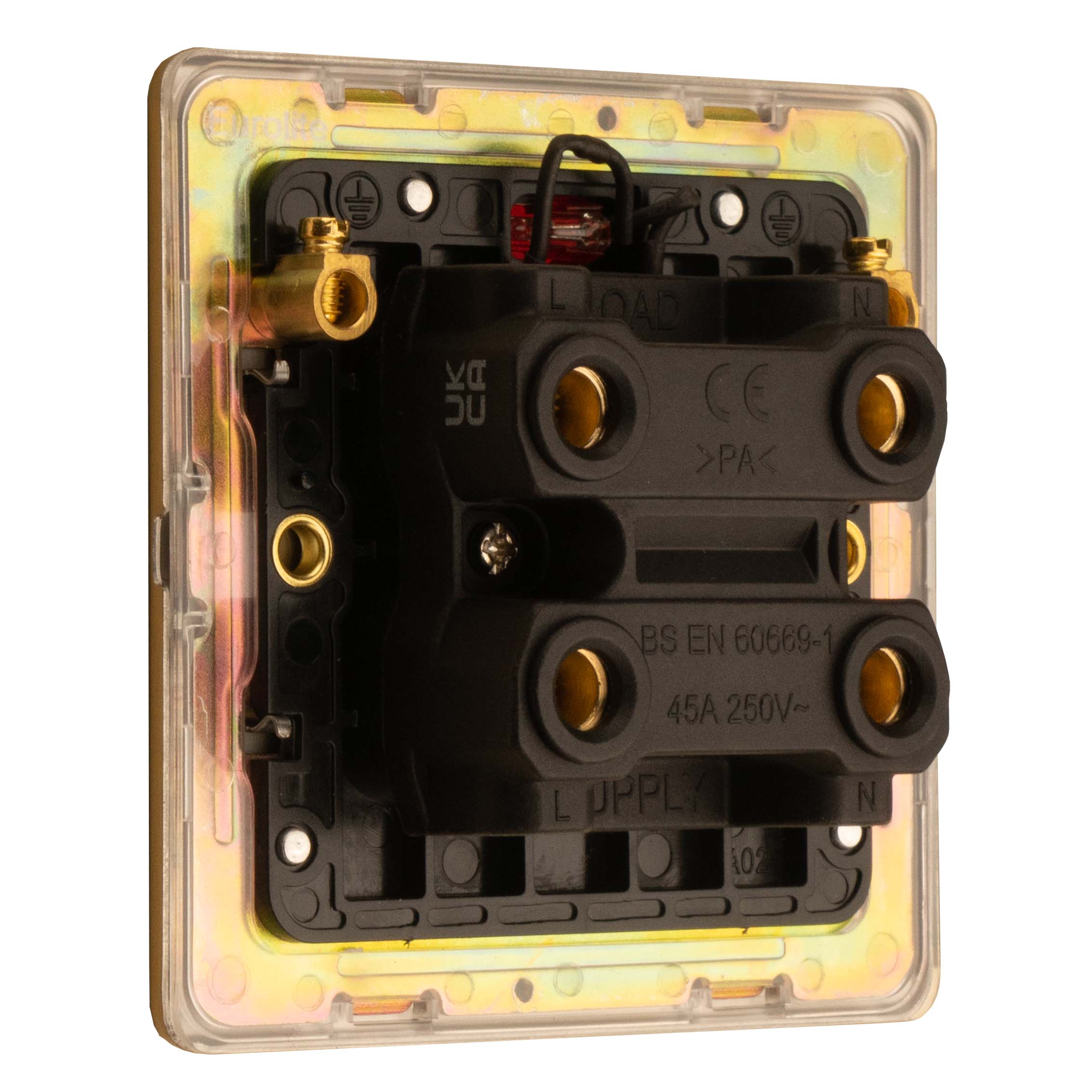 Concealed 3mm 1 Gang 45 Amp Switch With Neon Indicator - Satin Brass - Image 4