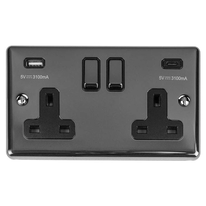 Enhance Decorative 2 Gang 13Amp Switched Socket With Usb C Black Nickel - Black Nickel