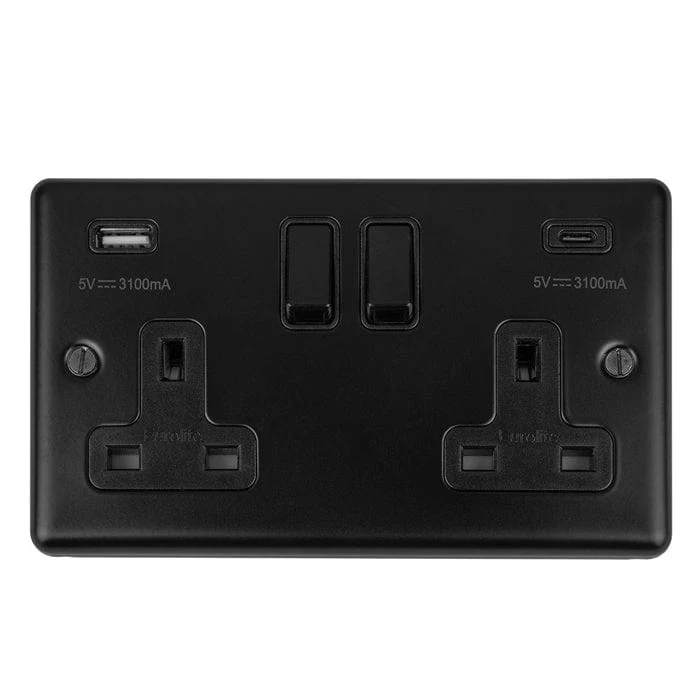 Enhance Decorative 2 Gang 13Amp Switched Socket With Usb C Matt Black - Matt Black