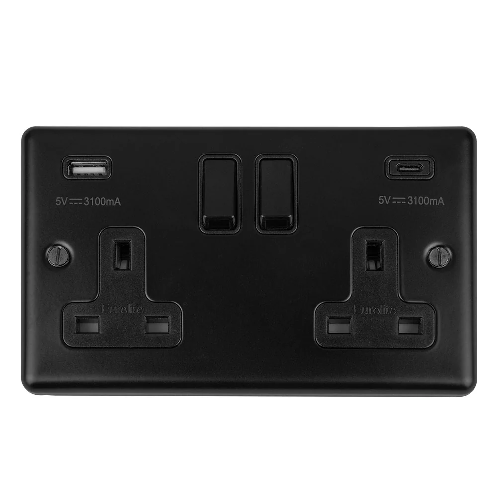 Enhance Decorative 2 Gang 13Amp Switched Socket With Usb C Matt Black - Matt Black - Image 2