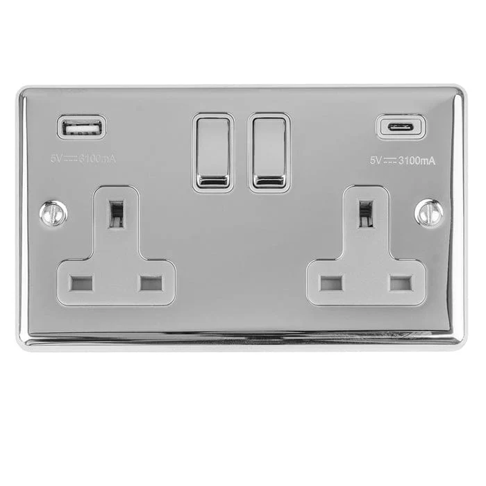 Enhance Decorative 2 Gang 13Amp Switched Socket With Usb C Polished Chrome - Polished Chrome - Image 2