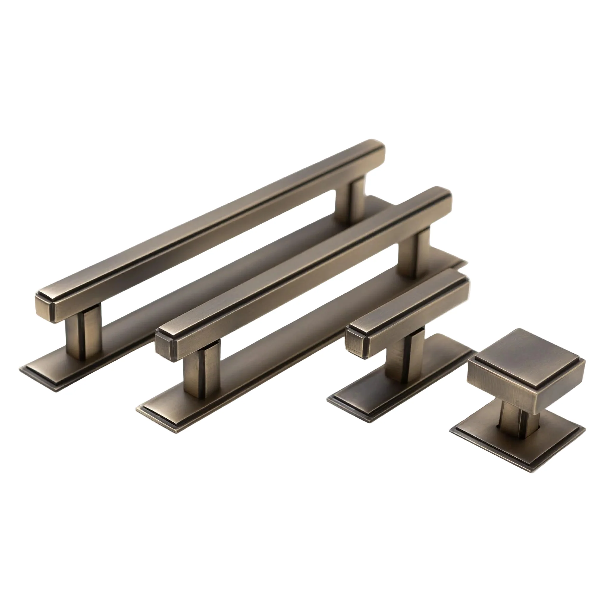 Solid Brass Art Deco Kitchen Pull Handles & Knobs with Backplates - Antique Brass Finish