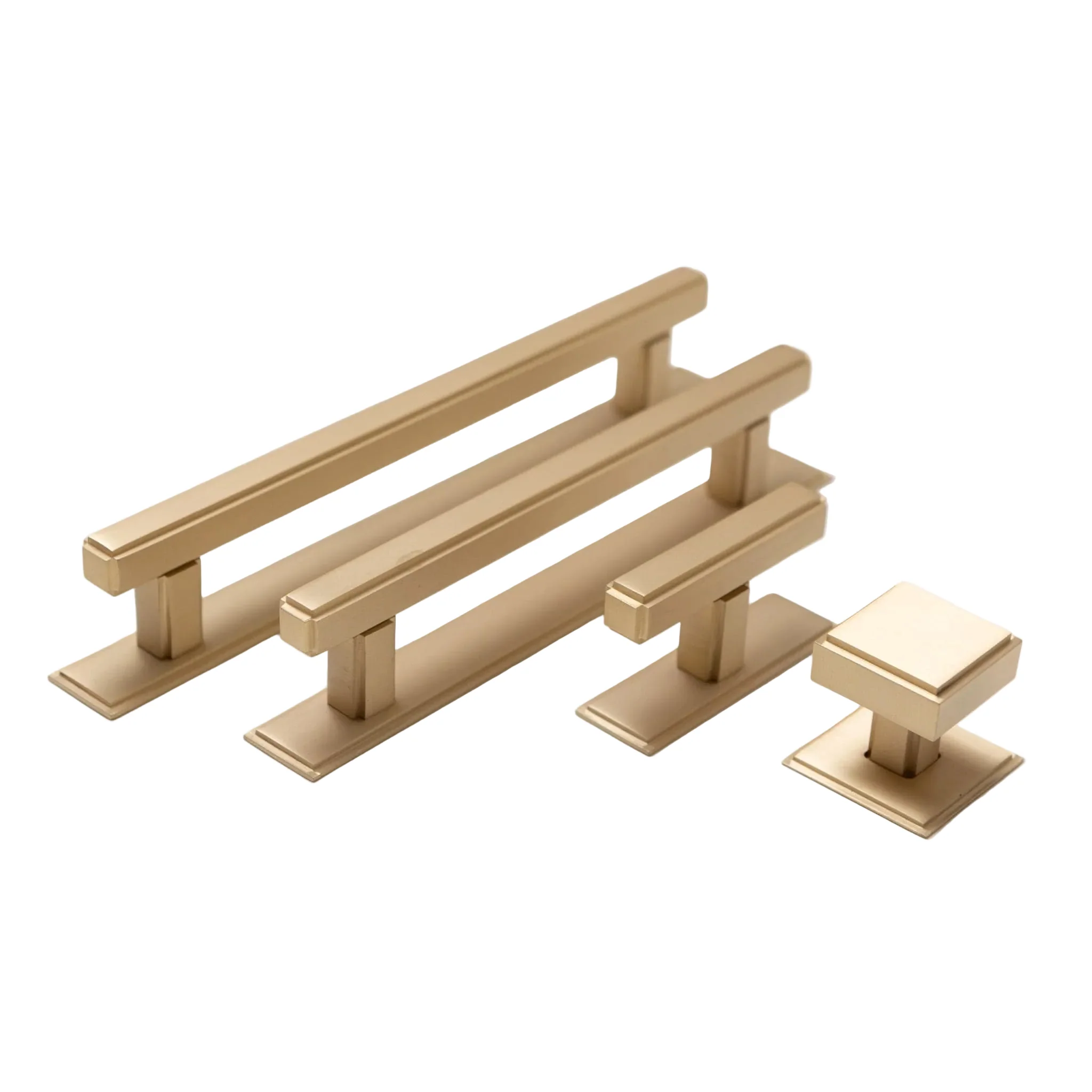 Solid Brass Art Deco Kitchen Pull Handles & Knobs With Backplates - Satin Brass Finish