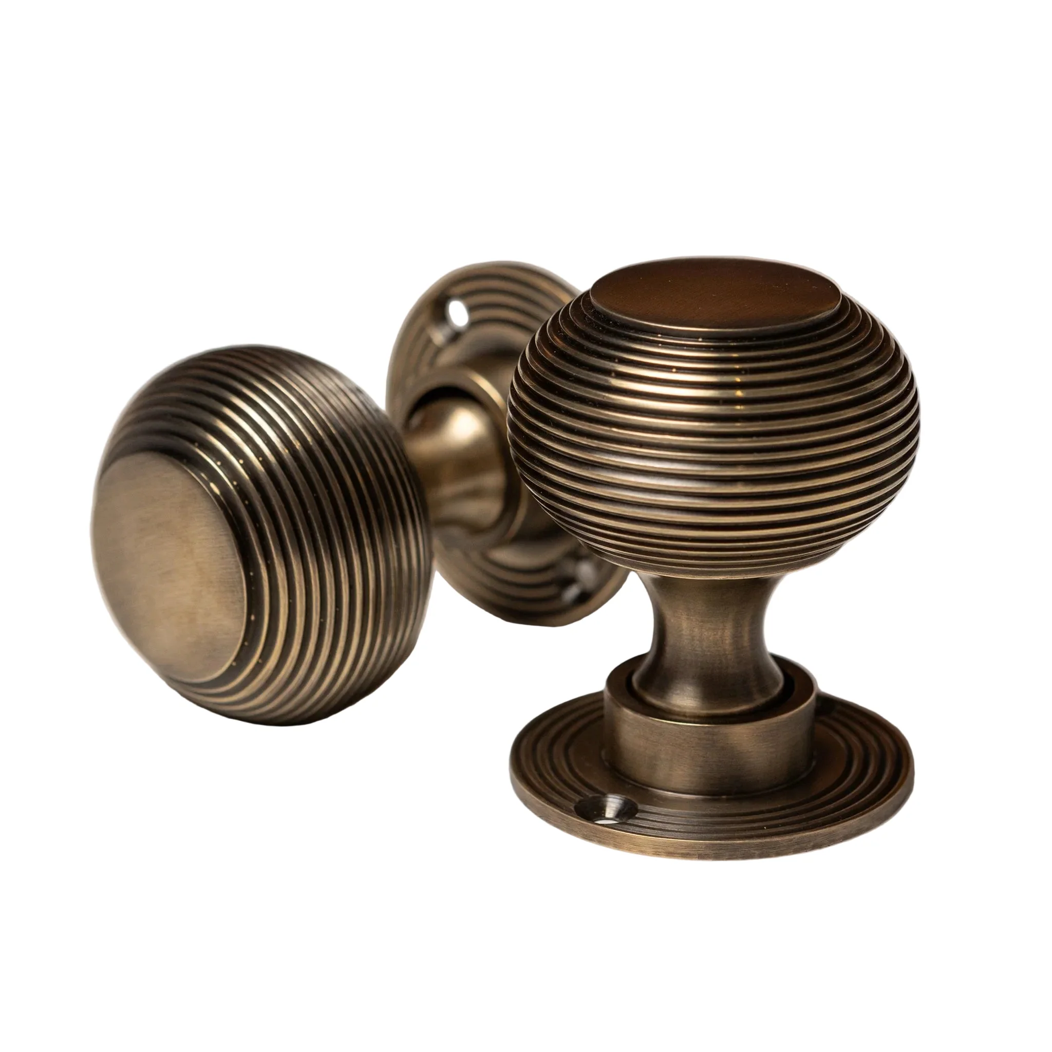 Solid Brass Door Knobs - Beehive Antique Brass (Pair) | Thumbturns & Latches