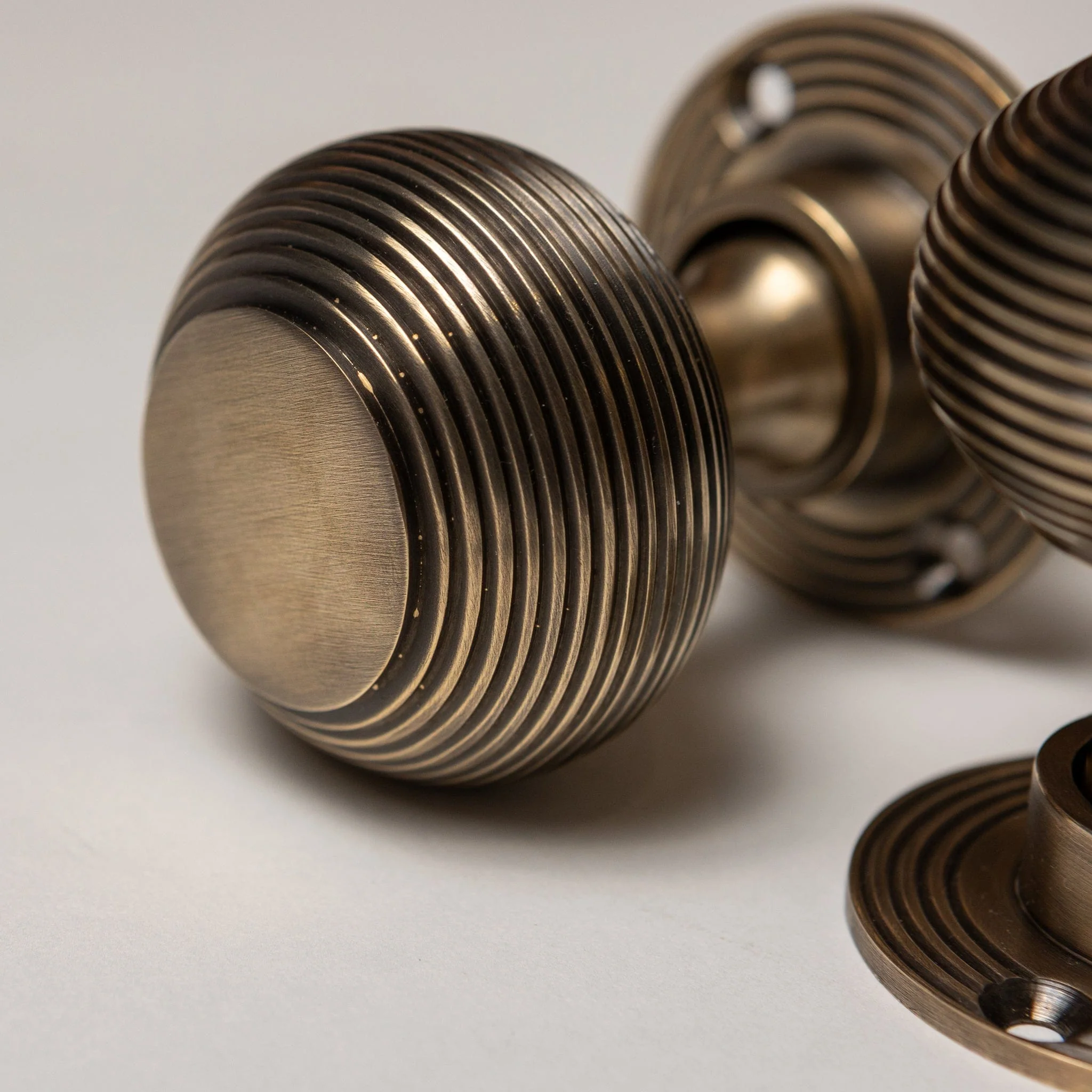 Solid Brass Door Knobs - Beehive Antique Brass (Pair) | Thumbturns & Latches - Image 2