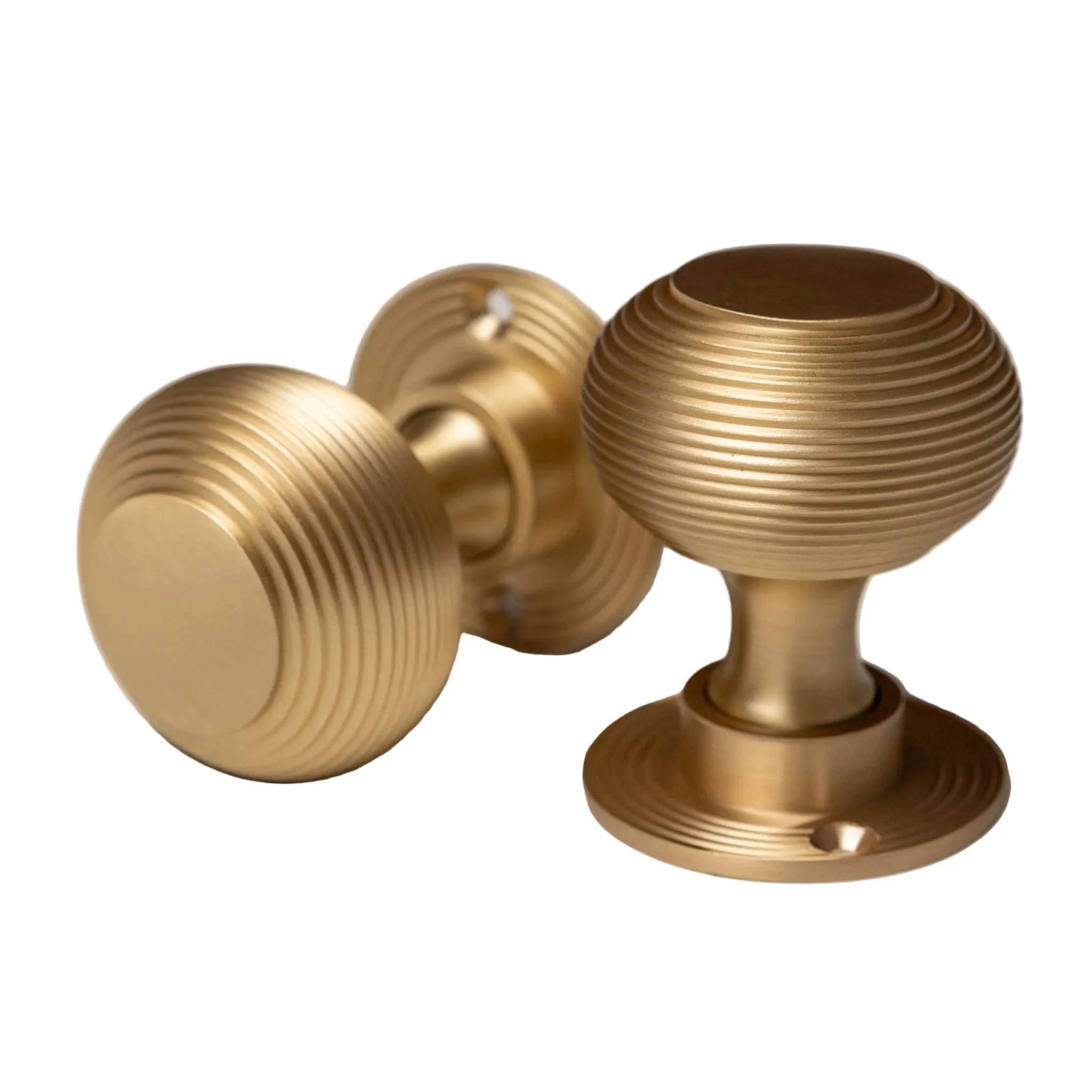 Solid Brass Door Knobs - Beehive Satin Brass (Pair) | Thumbturns & Latches