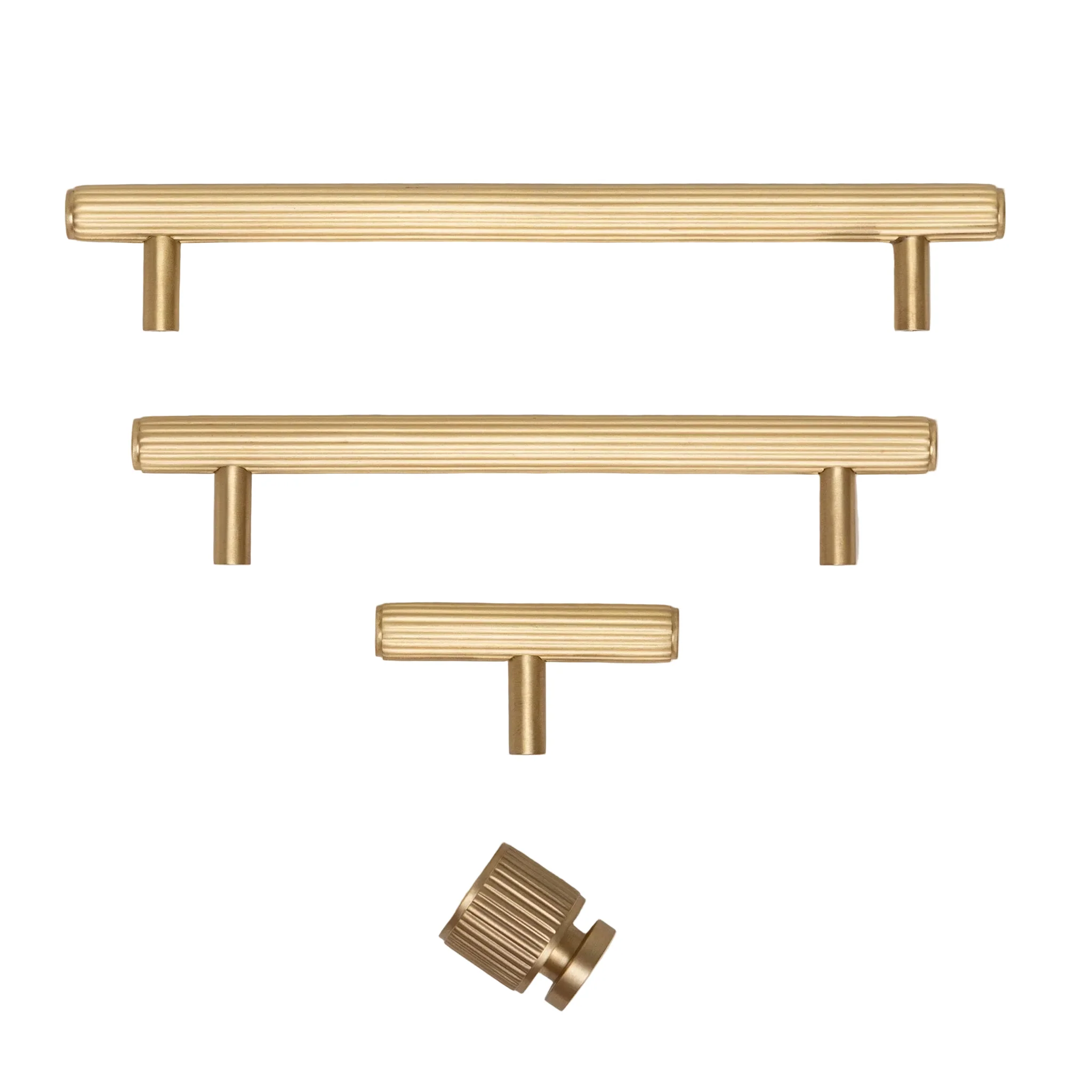 Solid Brass Straight Knurled Kitchen Pull Handles & Knobs - Satin Brass Finish