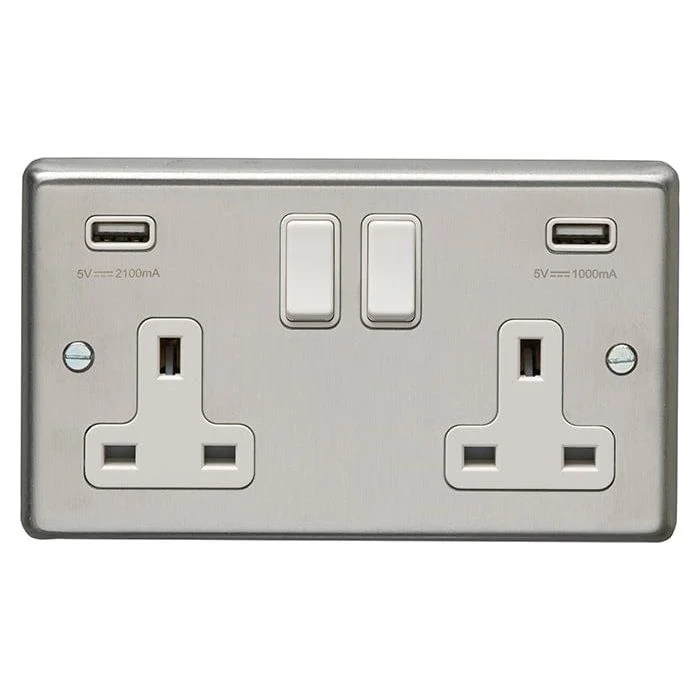Stainless steel 2 Gang Usb Socket - Satin Stainless Steel